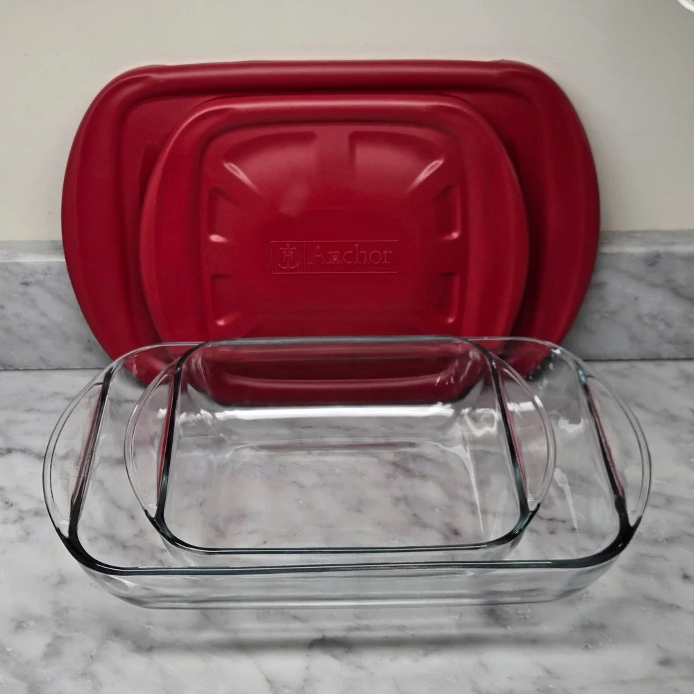 Anchor Hocking Glass‎ Bakeware Set 2 Piece Rectangular Baking Dishes w/ Red Lids
